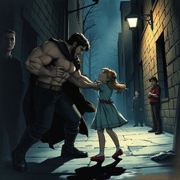 A dramatic scene depicting a strong, heroic figure intervening in a tense moment to protect a young girl from harm, showcasing themes of bravery and justice