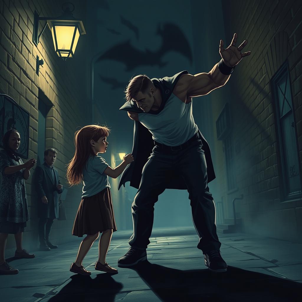 A dramatic scene depicting a strong, heroic figure intervening in a tense moment to protect a young girl from harm, showcasing themes of bravery and justice