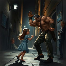 A dramatic scene depicting a strong, heroic figure intervening in a tense moment to protect a young girl from harm, showcasing themes of bravery and justice