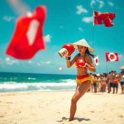 A dynamic scene of a boxing match taking place on a sunny Japanese beach, featuring a female boxer in a vibrant bikini with a traditional Japanese sun hat, ready in her stance