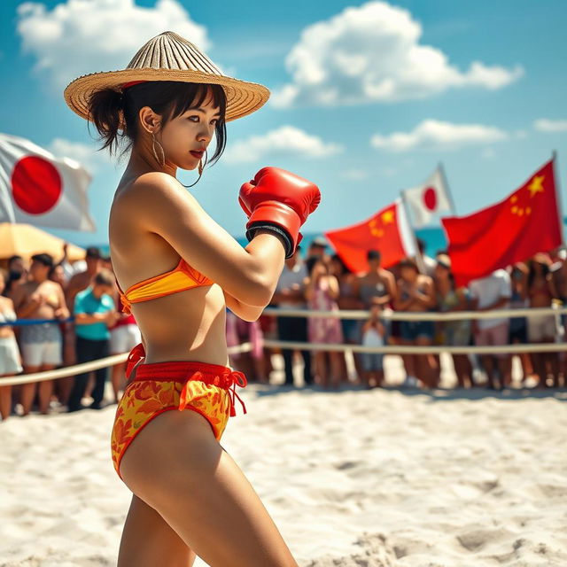 A dynamic scene of a boxing match taking place on a sunny Japanese beach, featuring a female boxer in a vibrant bikini with a traditional Japanese sun hat, ready in her stance