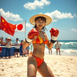 A dynamic scene of a boxing match taking place on a sunny Japanese beach, featuring a female boxer in a vibrant bikini with a traditional Japanese sun hat, ready in her stance