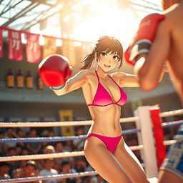 A dynamic scene featuring a Japanese girl in a sleek bikini, confidently boxing in a vivid outdoor boxing ring