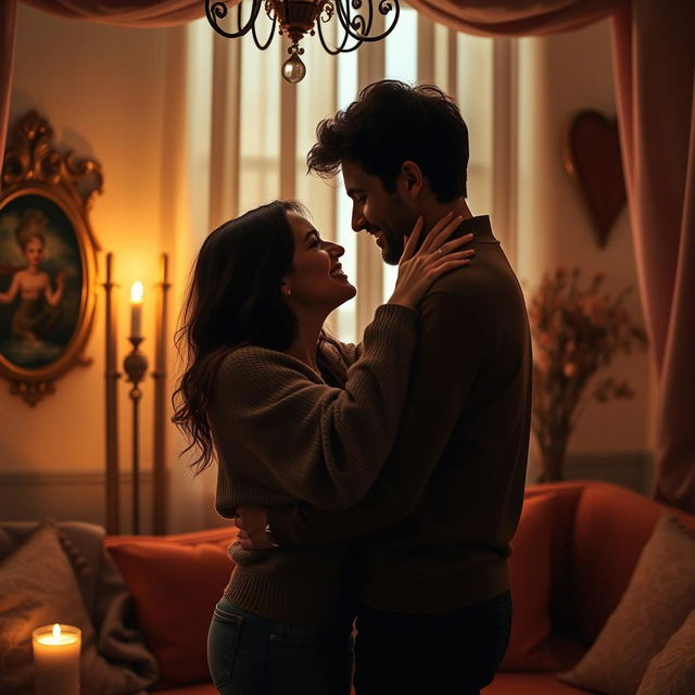 A romantic and intimate scene between a couple in a cozy, softly lit room