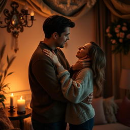 A romantic and intimate scene between a couple in a cozy, softly lit room