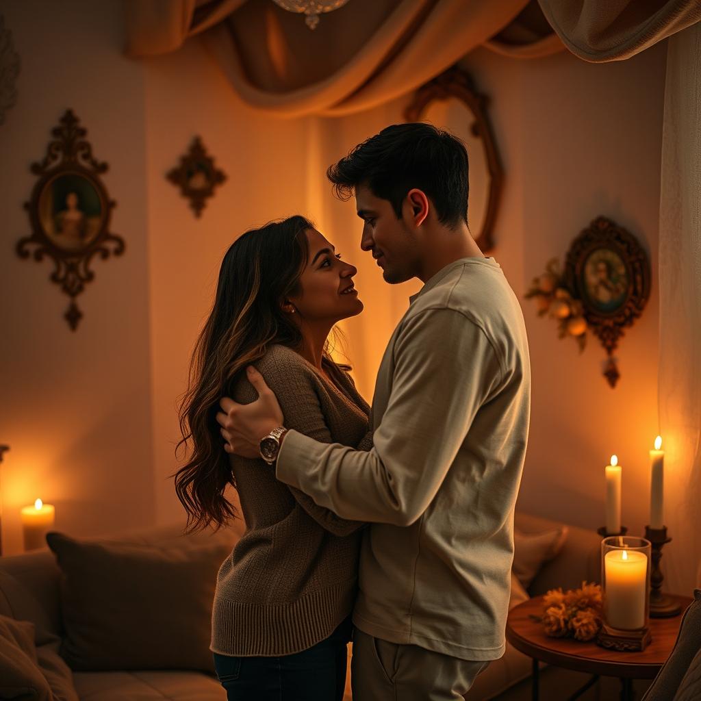 A romantic and intimate scene between a couple in a cozy, softly lit room