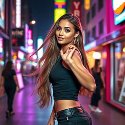 A glamorous and attractive young woman with long flowing hair, dressed in a stylish outfit that accentuates her curves