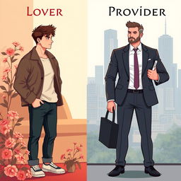 A conceptual illustration showcasing two contrasting male archetypes: the Lover and the Provider