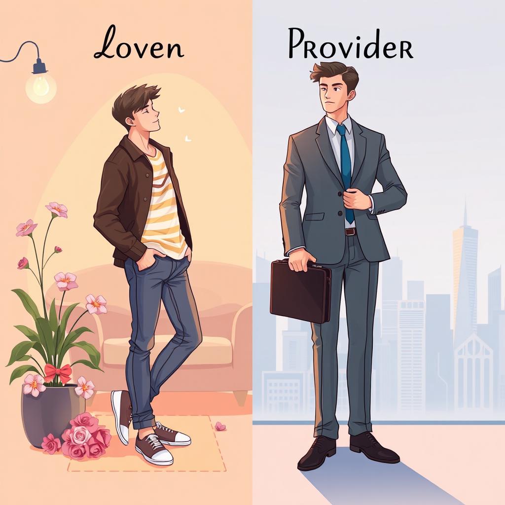 A conceptual illustration showcasing two contrasting male archetypes: the Lover and the Provider