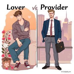A conceptual illustration showcasing two contrasting male archetypes: the Lover and the Provider