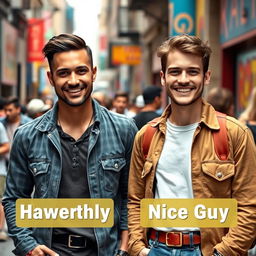 A strikingly handsome man with chiseled features and an engaging smile, dressed in a stylish yet casual outfit, exuding confidence and charm