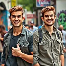 A strikingly handsome man with chiseled features and an engaging smile, dressed in a stylish yet casual outfit, exuding confidence and charm