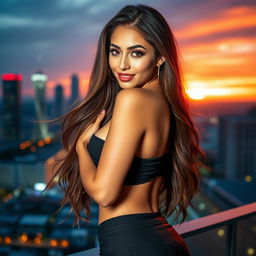 A beautiful, sexy girl wearing a stylish, form-fitting outfit that accentuates her curves, with long flowing hair, striking makeup, and an alluring smile