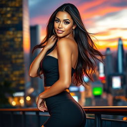 A beautiful, sexy girl wearing a stylish, form-fitting outfit that accentuates her curves, with long flowing hair, striking makeup, and an alluring smile