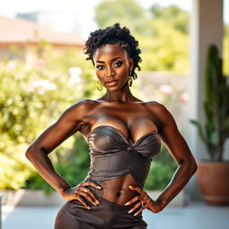 A stunning ebony woman with a sculpted physique, posing gracefully in an elegant outdoor setting
