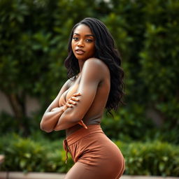 A stunning ebony woman with a sculpted physique, posing gracefully in an elegant outdoor setting