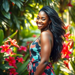 A beautiful and confident ebony woman, showcasing her natural beauty and elegance, standing in a lush, tropical garden surrounded by vibrant flowers and greenery