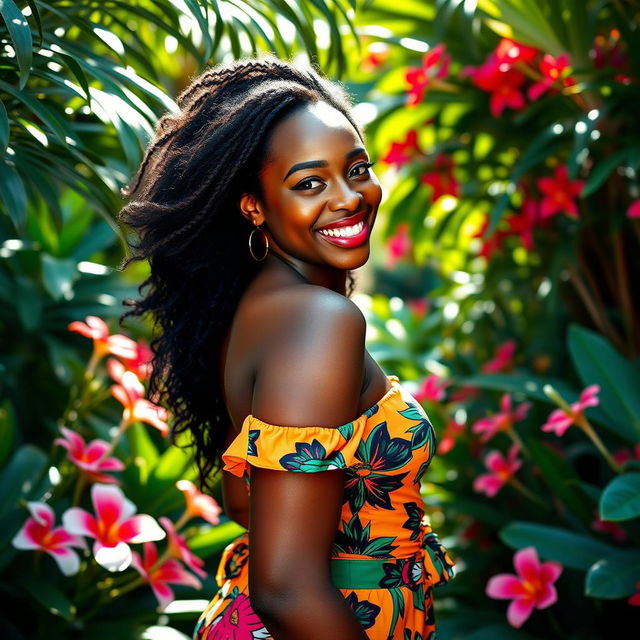 A beautiful and confident ebony woman, showcasing her natural beauty and elegance, standing in a lush, tropical garden surrounded by vibrant flowers and greenery