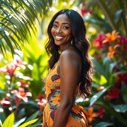 A beautiful and confident ebony woman, showcasing her natural beauty and elegance, standing in a lush, tropical garden surrounded by vibrant flowers and greenery