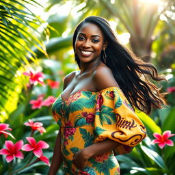 A beautiful and confident ebony woman, showcasing her natural beauty and elegance, standing in a lush, tropical garden surrounded by vibrant flowers and greenery