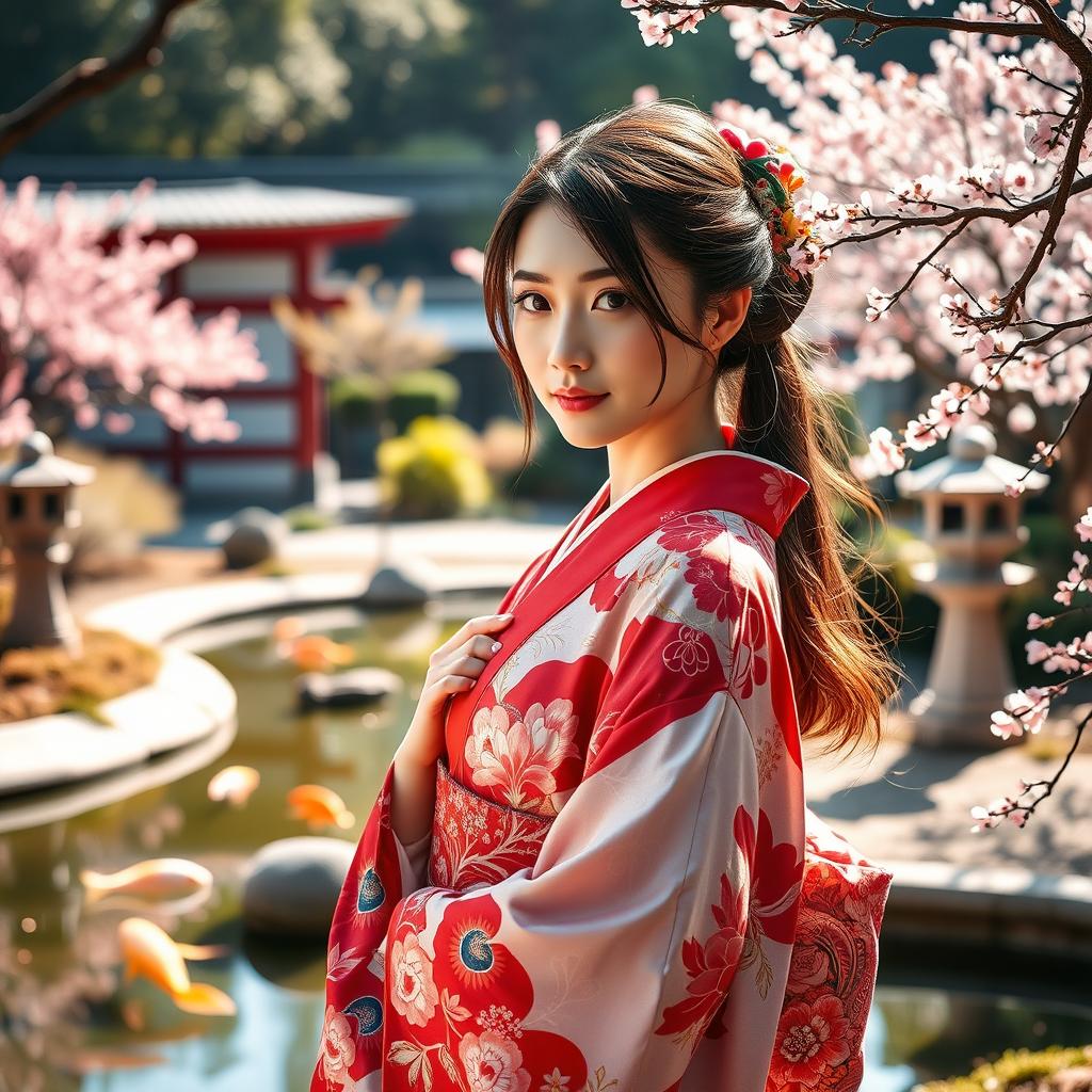 A serene scene featuring a beautiful Japanese woman in a traditional kimono, standing gracefully in a tranquil Japanese garden