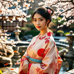 A serene scene featuring a beautiful Japanese woman in a traditional kimono, standing gracefully in a tranquil Japanese garden