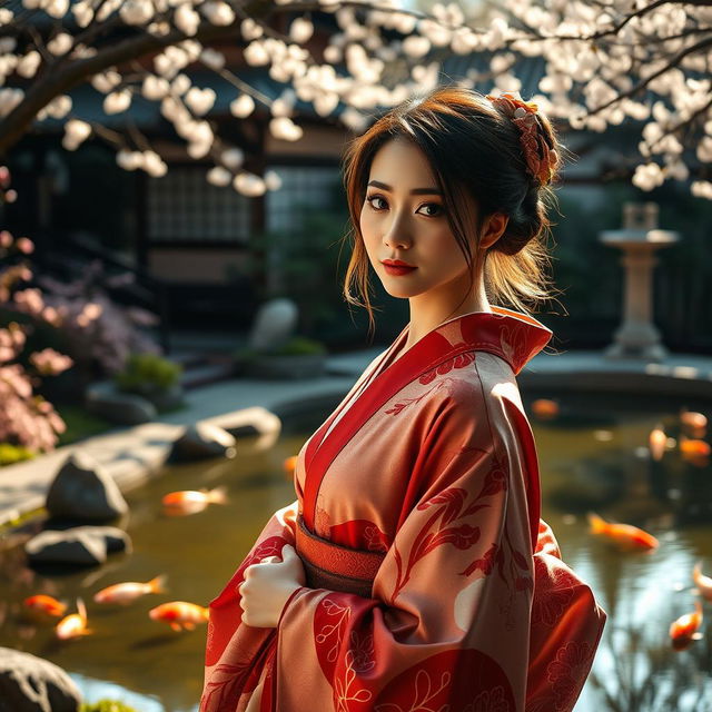 A serene scene featuring a beautiful Japanese woman in a traditional kimono, standing gracefully in a tranquil Japanese garden