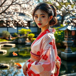 A serene scene featuring a beautiful Japanese woman in a traditional kimono, standing gracefully in a tranquil Japanese garden
