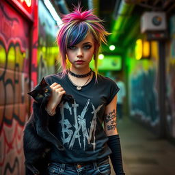 An edgy emo scene girl with a unique hairstyle featuring bright colored highlights, wearing a black band tee and ripped jeans, petting a playful black cat