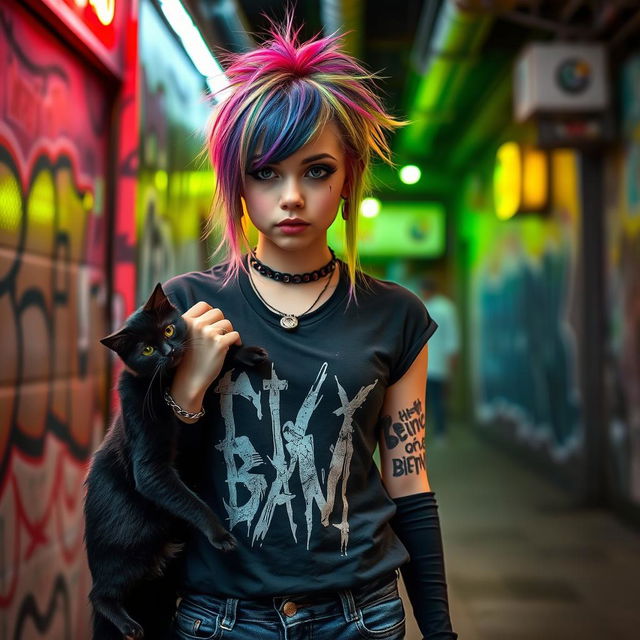 An edgy emo scene girl with a unique hairstyle featuring bright colored highlights, wearing a black band tee and ripped jeans, petting a playful black cat