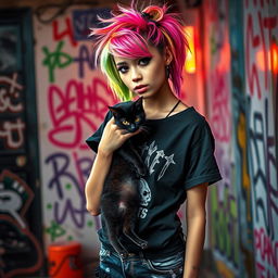 An edgy emo scene girl with a unique hairstyle featuring bright colored highlights, wearing a black band tee and ripped jeans, petting a playful black cat