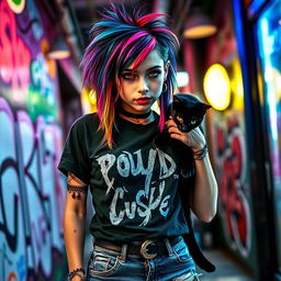 An edgy emo scene girl with a unique hairstyle featuring bright colored highlights, wearing a black band tee and ripped jeans, petting a playful black cat