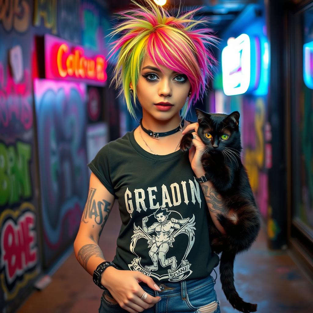 An edgy emo scene girl with a unique hairstyle featuring bright colored highlights, wearing a black band tee and ripped jeans, petting a playful black cat