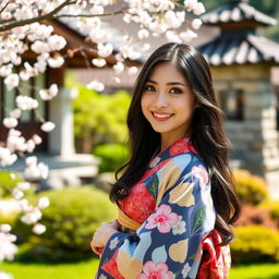 A beautiful Japanese woman dressed in a traditional kimono, gracefully posing in a serene tea garden