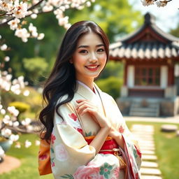 A beautiful Japanese woman dressed in a traditional kimono, gracefully posing in a serene tea garden