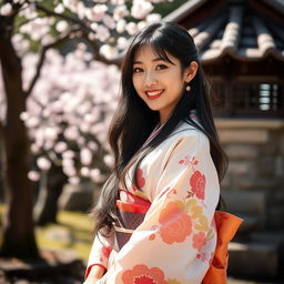 A beautiful Japanese woman dressed in a traditional kimono, gracefully posing in a serene tea garden