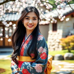 A beautiful Japanese woman dressed in a traditional kimono, gracefully posing in a serene tea garden
