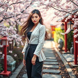 A stunning portrayal of a Japanese woman standing confidently in a picturesque setting, dressed in a stylish modern outfit that accentuates her graceful physique