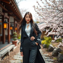 A stunning portrayal of a Japanese woman standing confidently in a picturesque setting, dressed in a stylish modern outfit that accentuates her graceful physique