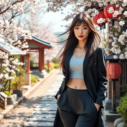 A stunning portrayal of a Japanese woman standing confidently in a picturesque setting, dressed in a stylish modern outfit that accentuates her graceful physique