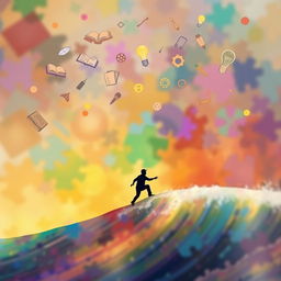 An abstract and surreal scene depicting a person riding an invisible wave, representing thoughts and creativity that cover the world