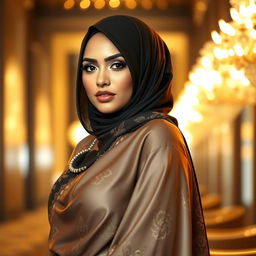 A stunningly beautiful Muslim woman wearing a stylish burqa, highlighting her curvy figure with an emphasis on her appealing shape