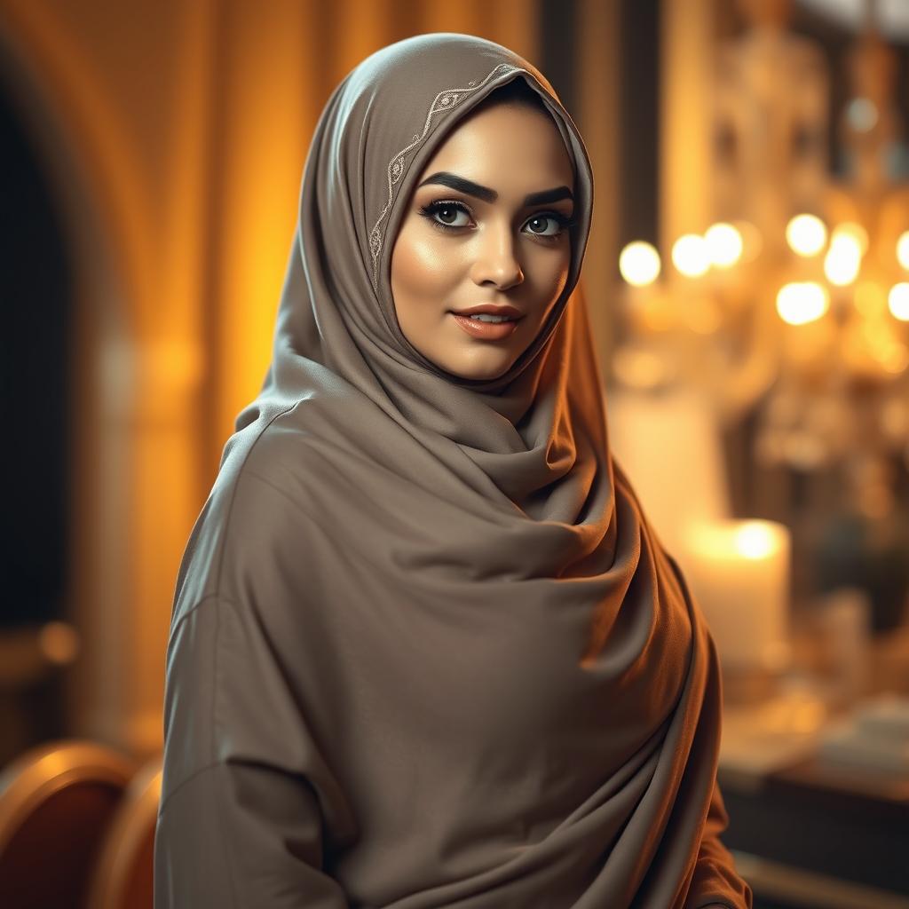 A stunningly beautiful Muslim woman wearing a stylish burqa, highlighting her curvy figure with an emphasis on her appealing shape