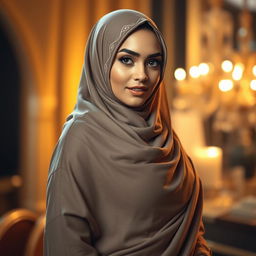 A stunningly beautiful Muslim woman wearing a stylish burqa, highlighting her curvy figure with an emphasis on her appealing shape