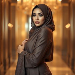 A stunningly beautiful Muslim woman wearing a stylish burqa, highlighting her curvy figure with an emphasis on her appealing shape