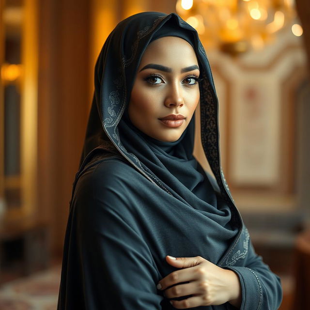 A stunningly beautiful Muslim woman wearing a stylish burqa, highlighting her curvy figure with an emphasis on her appealing shape