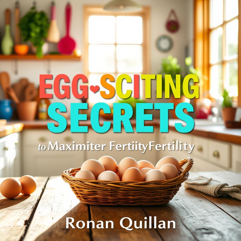 A vibrant kitchen scene bathed in bright sunlight, featuring a rustic wooden table with a basket filled with fresh eggs