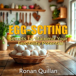A vibrant kitchen scene bathed in bright sunlight, featuring a rustic wooden table with a basket filled with fresh eggs