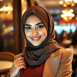 A beautiful, confident Muslim woman posing in a stylish hijab and modern attire, exuding charisma and charm
