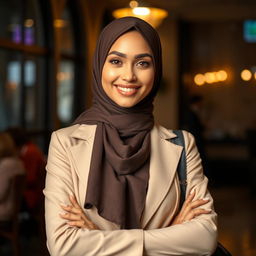 A beautiful, confident Muslim woman posing in a stylish hijab and modern attire, exuding charisma and charm